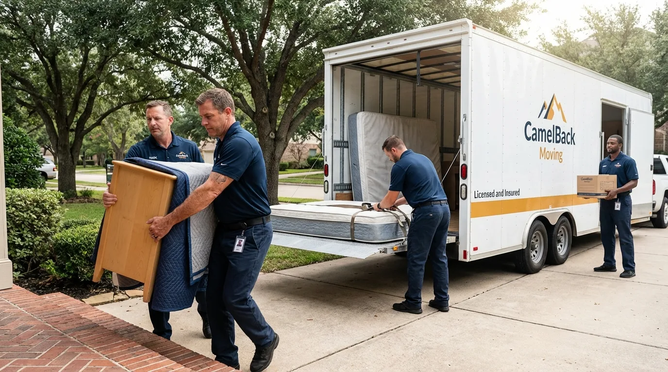 Crew loading residential truck for cross-state move from Baxter, IA