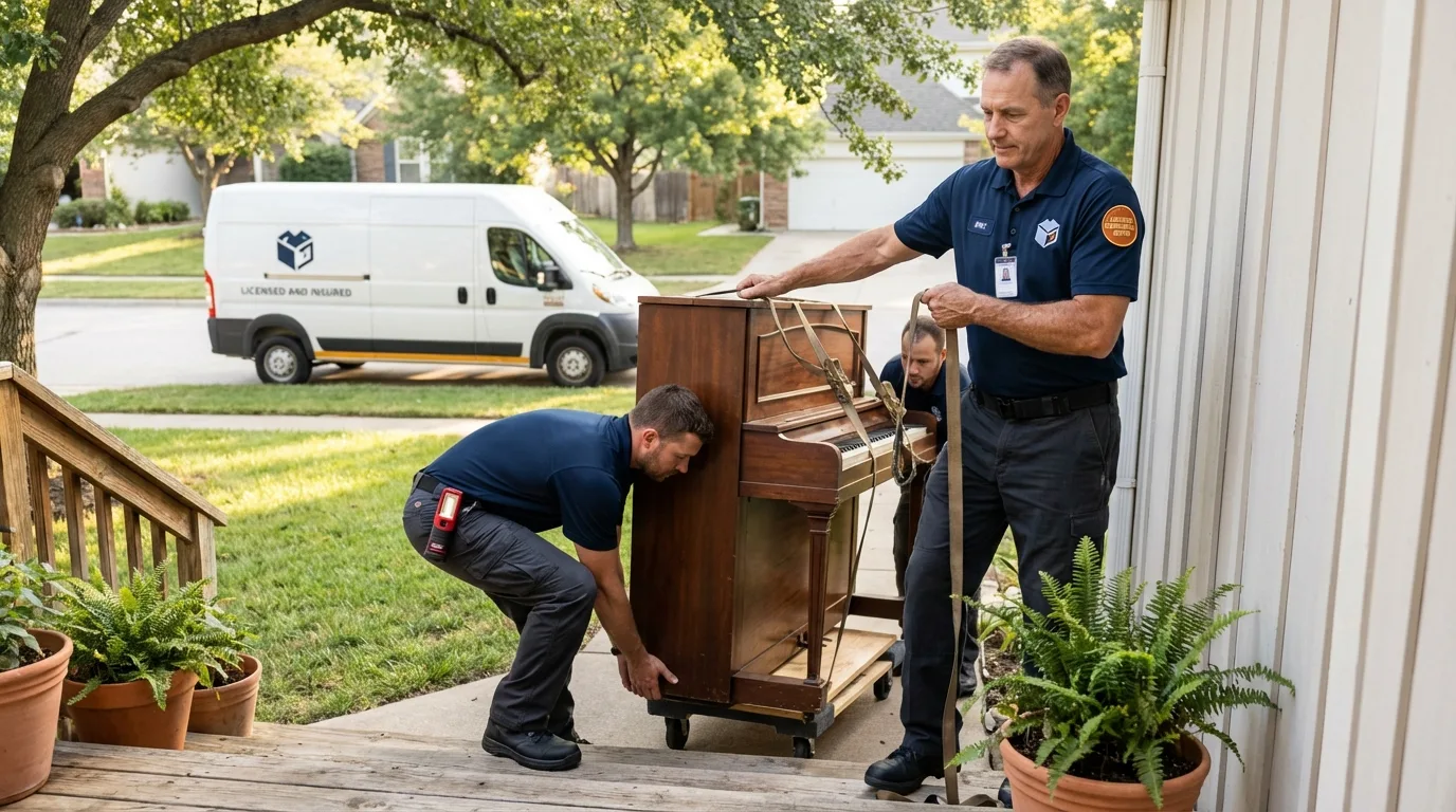 Licensed piano movers securing grand piano in Baxter, IA