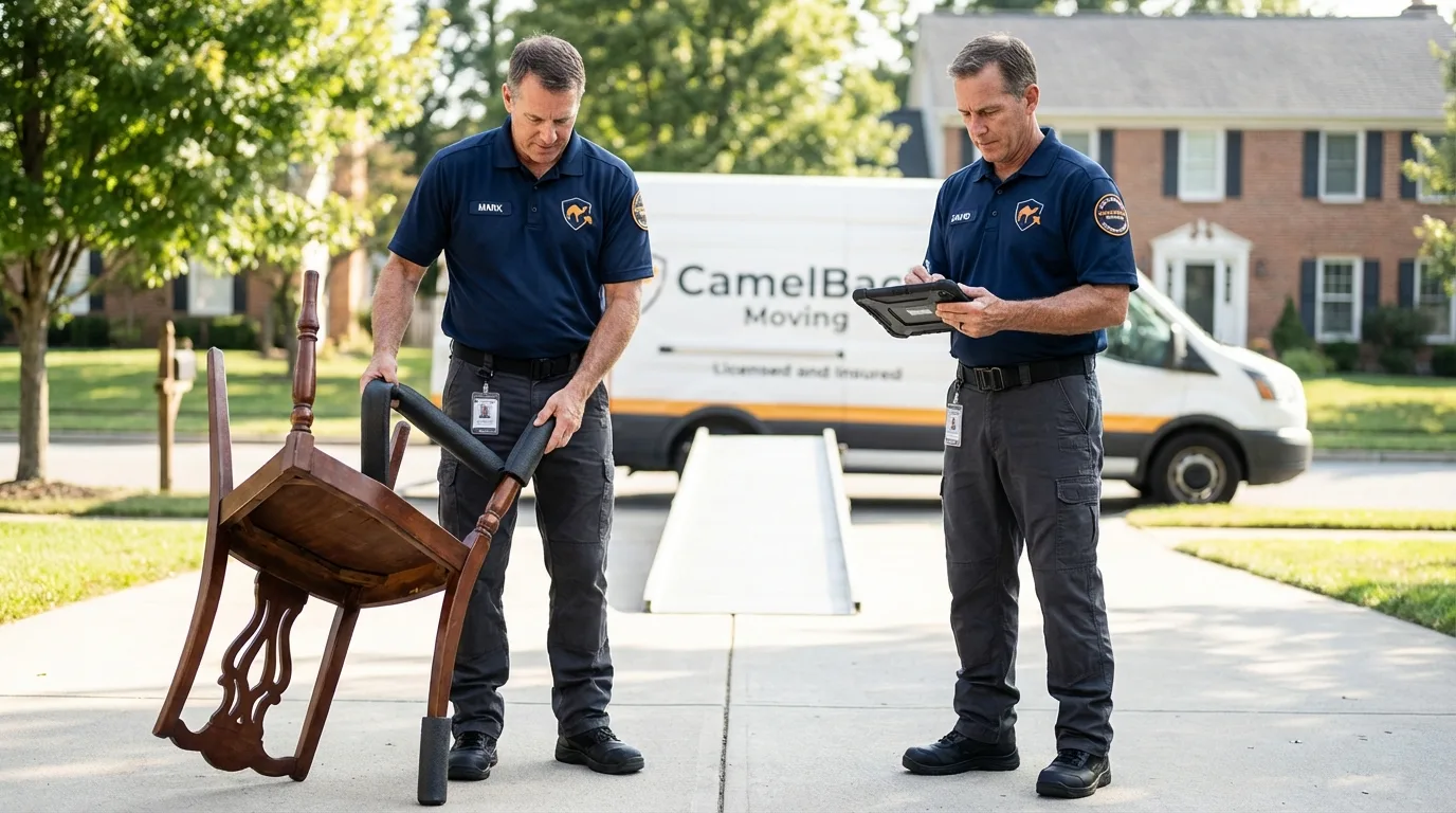 Movers inspecting furniture for damage prevention before loading in Baxter, IA
