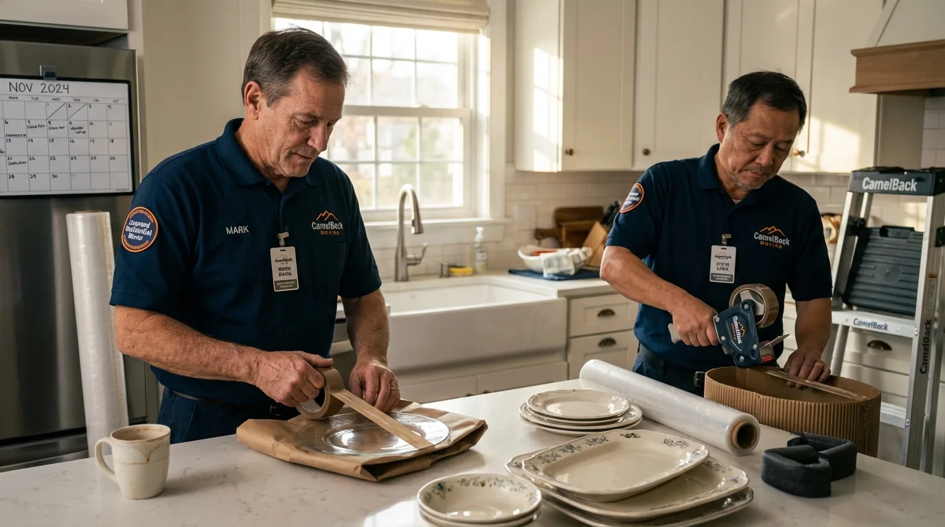Professional crew packing kitchen dishware in Baxter, IA